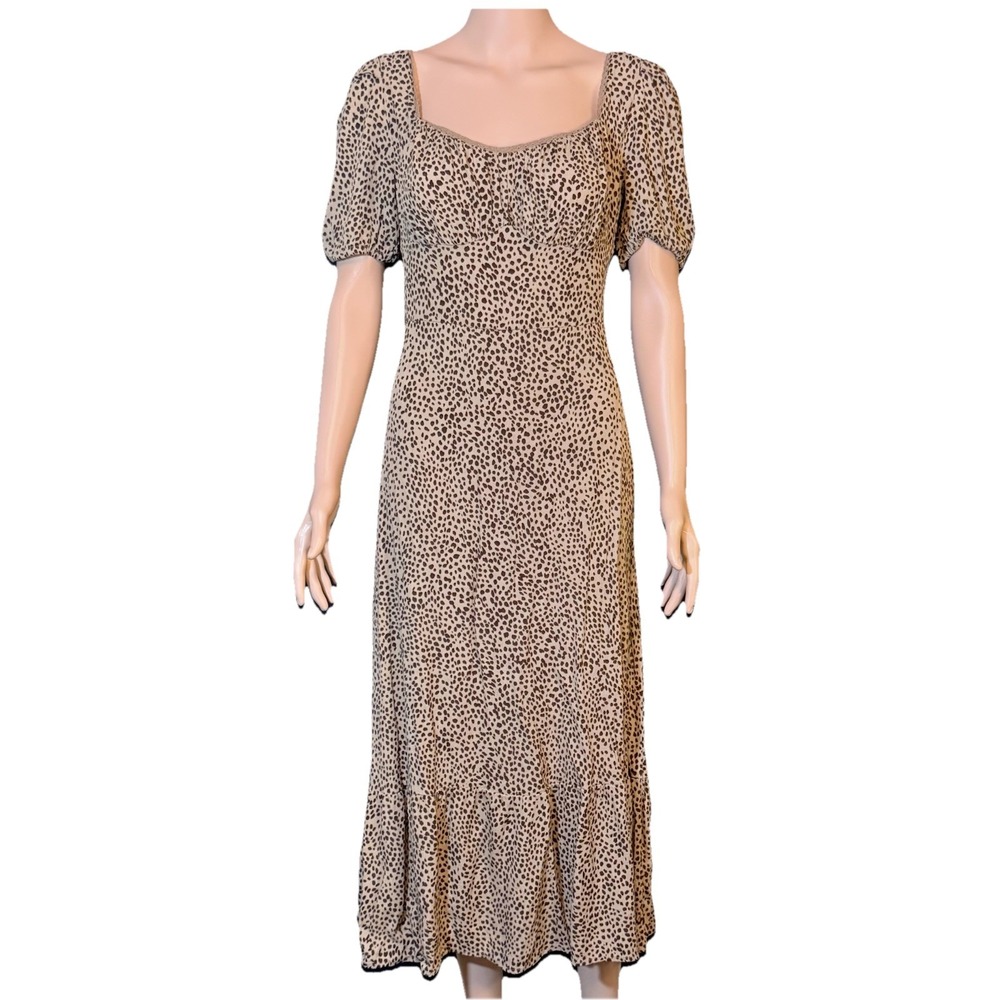Coco & Jaimeson Leopard Print Sweetheart Maxi Dress Puff Sleeve Tan Brown M